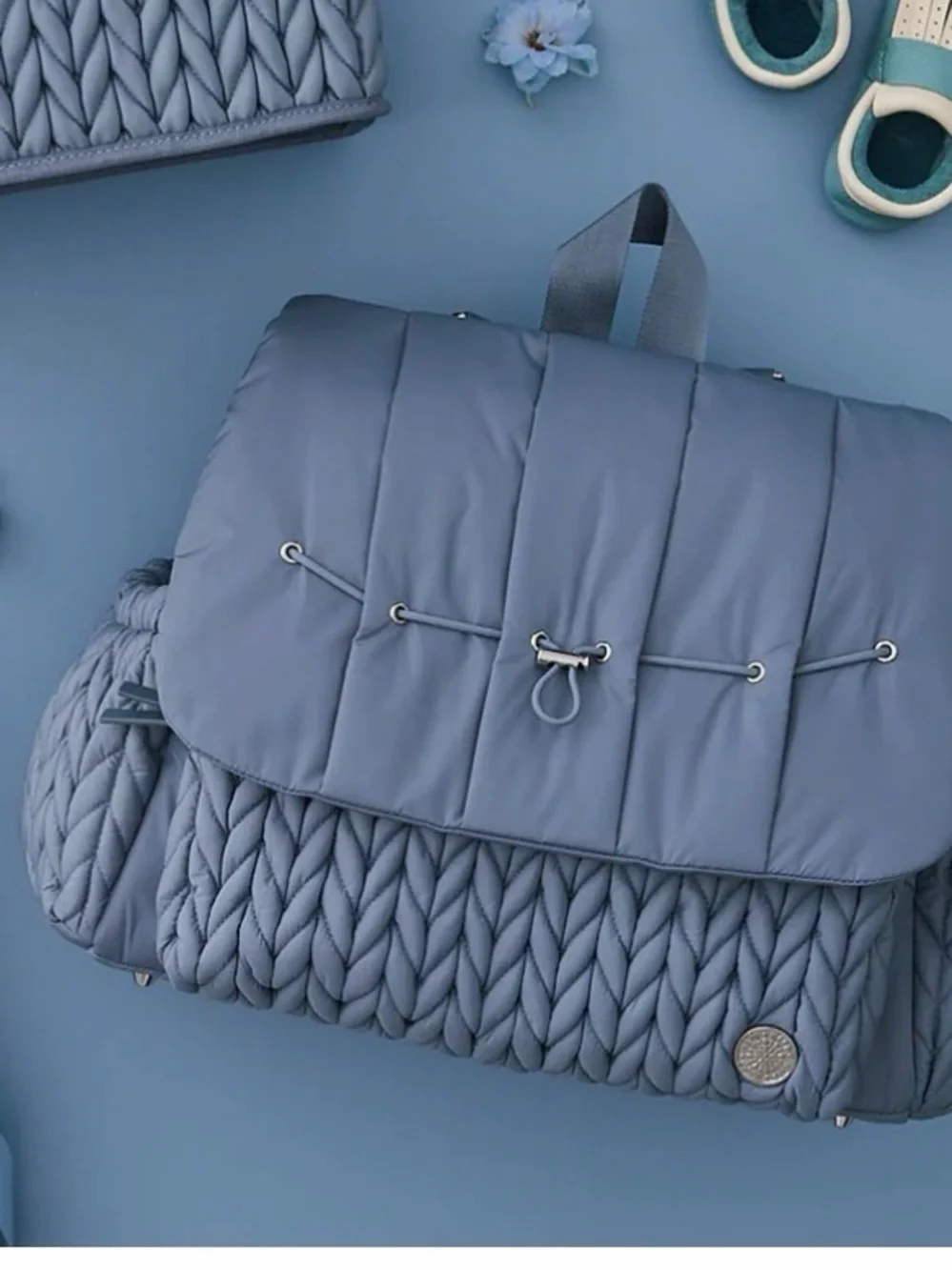Stylish Slate Blue Quilted & Knit-Texture Baby Bag Backpack HAPP